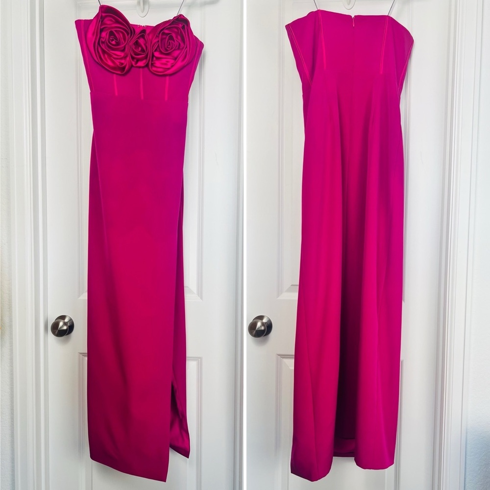 Monique Lhuillier Gemma Rosette Strapless Column Gown Dress Fuchsia Pink Formal - Picture 2 of 12